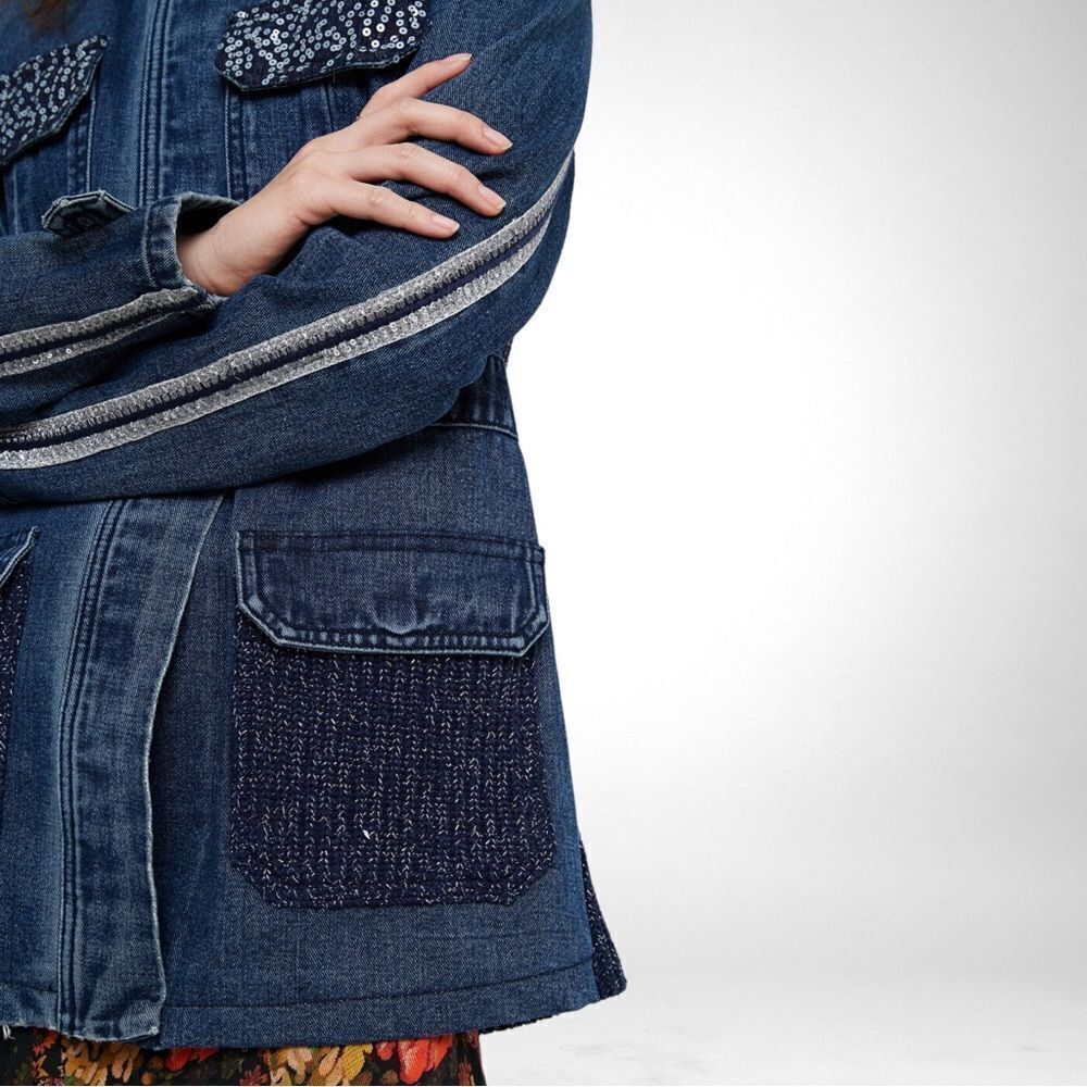 NWT DESIGUAL Mizuki Denim Sequin Belted Parka Jacket XL - Picture 5 of 16